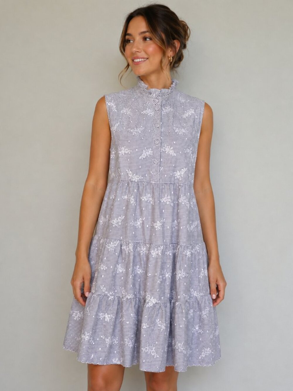 ERDEM $1295 Porto Tuckernuck Gray White Tiered Sleeveless Cotton Mini Dress Sz 8